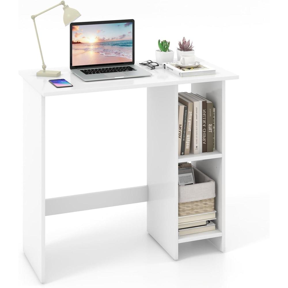 image:imageGiantex Small White Desk Compact Study Writing Desk with 3Position Adjustable Shelf AntiToppling Kit Modern PC Laptop Table Home Office Computer Workstation for Small Space Bedroom DormWhite