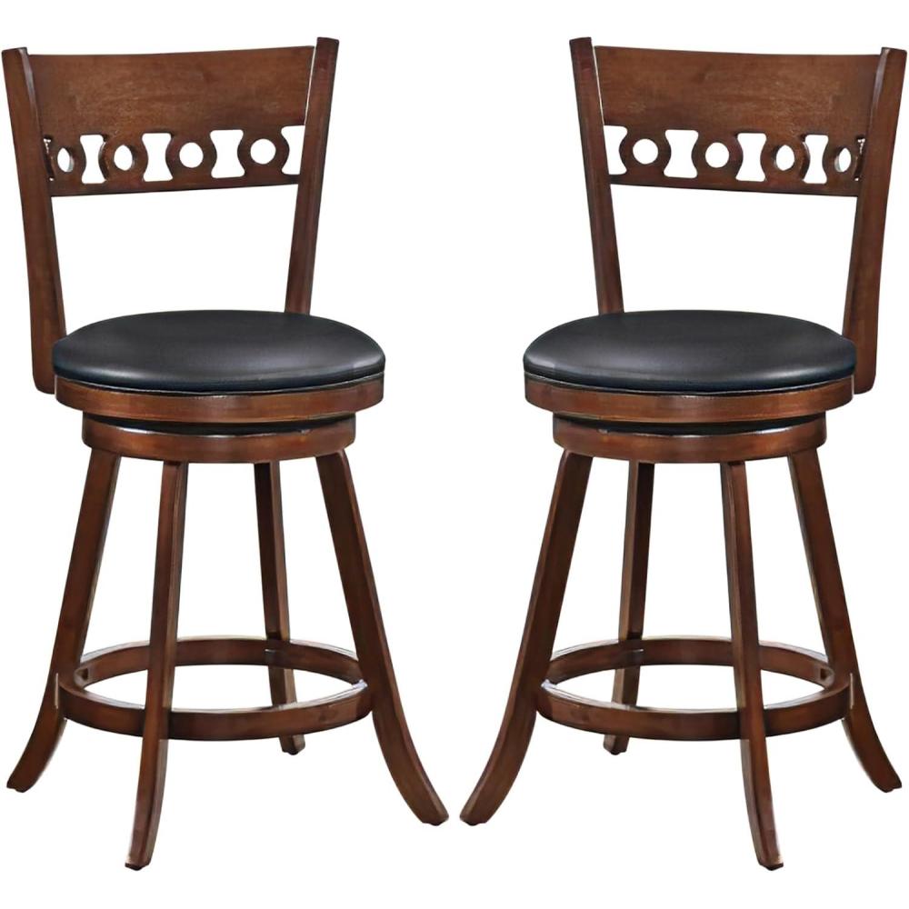 image:imageGiantex Swivel Bar Stools Set of 2 245 Counter Height Bar Chairs with Back Rubber Wood Frame Upholstered Farmhouse Faux Leather Barstools for Kitchen Island Dining Room Pub Espresso1