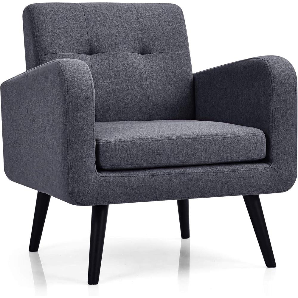 image:imageGiantex Upholstered Accent Chair Modern Mid Century Linen Fabric Living Room Chair with Arms Max Load 265 Lbs Comfy Tufted Single Sofa for Reading Bedroom Office Club GreyGrey