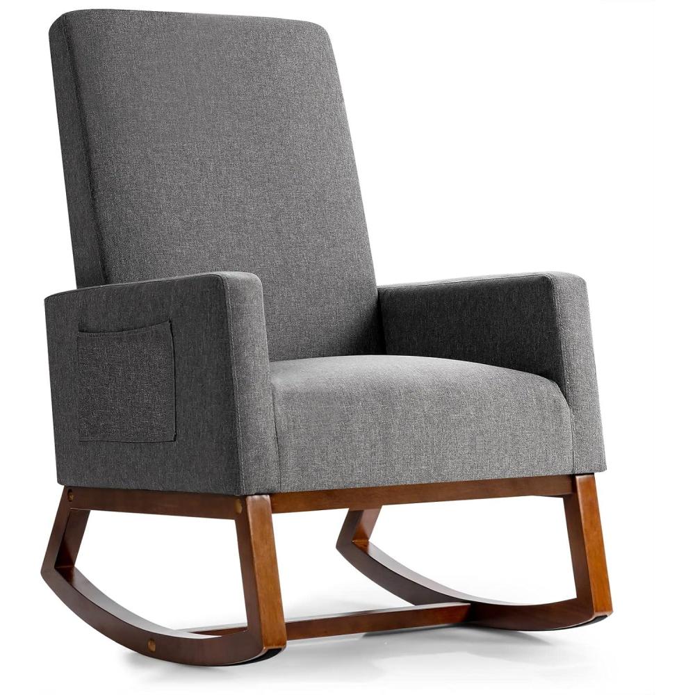 image:imageGiantex Upholstered Rocking Chair Modern Fabric Armchair wWood Base Side Pocket Linen Padded Seat High Back Accent Glider Rocker Chair MidCentury Leisure Chair for Nursery Living Room GrayGrey