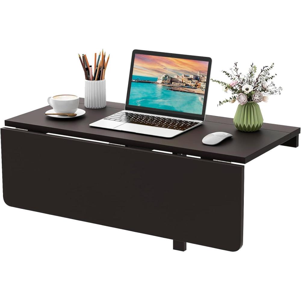 image:imageGiantex Wall Mounted Folding Table 315 x 235 Wood Murphy Desk DropLeaf Table Space Saving Foldable Floating Desk Wall Desk Fold Down for Small Spaces Study Bedroom Bathroom GrayBrown