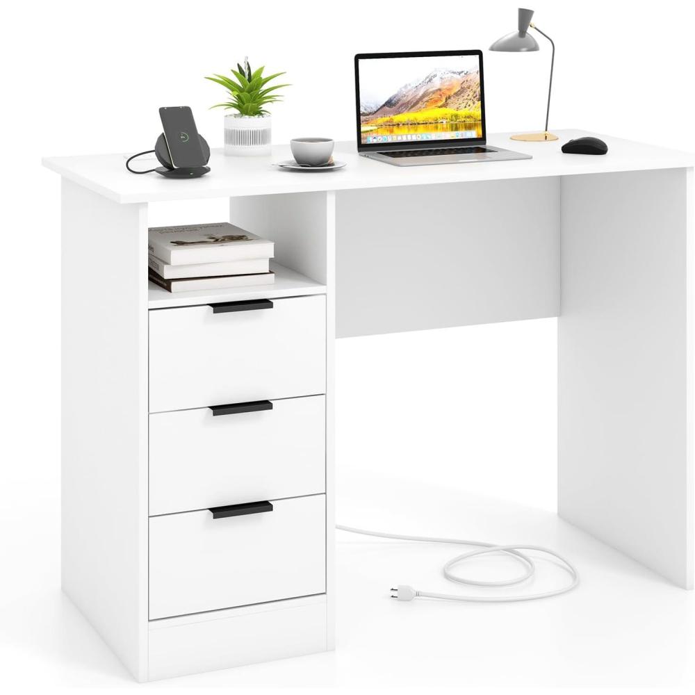 image:imageGiantex White Desk with Drawers Modern Computer Desk with Charging Station PC Laptop Table Computer Workstation with Storage Makeup Vanity Table Writing Desk for Bedroom