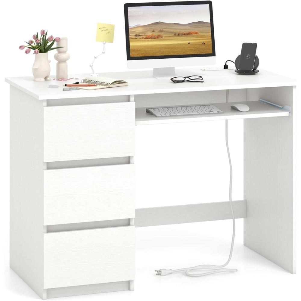 image:imageGiantex White Desk with Drawers Modern Computer Desk with Charging Station amp Keyboard Tray Laptop PC Computer Workstation Study Writing Desk for BedroomWhite