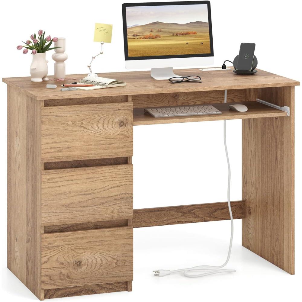 image:imageGiantex White Desk with Drawers Modern Computer Desk with Charging Station amp Keyboard Tray Laptop PC Computer Workstation Study Writing Desk for BedroomNatural