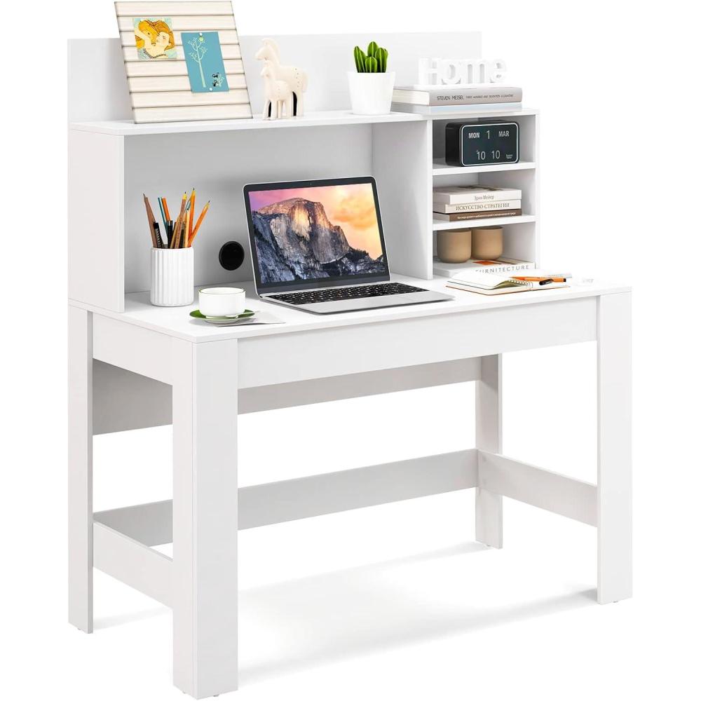 image:imageGiantex White Desk with Hutch Home Office Desk with Bookshelf Computer Workstation PC Laptop Table with AntiToppling Device amp Cable Hole Modern Study Writing Desk for Small Spaces BedroomWhite