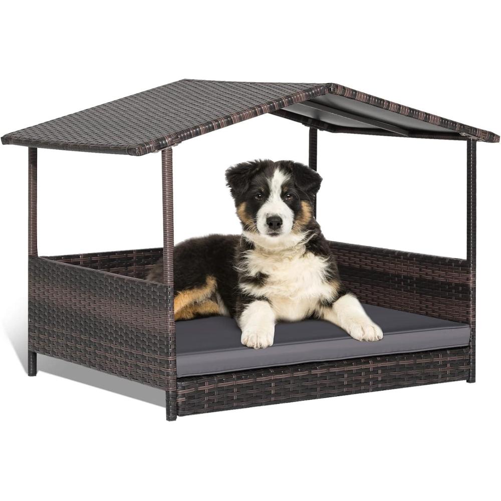image:imageGiantex Wicker Dog House Raised Rattan Dog Bed with Waterproof Roof Washable Cushion Cover Steel Frame Indoor Outdoor Elevated Dog Bed Pet House for Small Medium Dogs Cats Easy AssemblyBrown House Grey Cushion