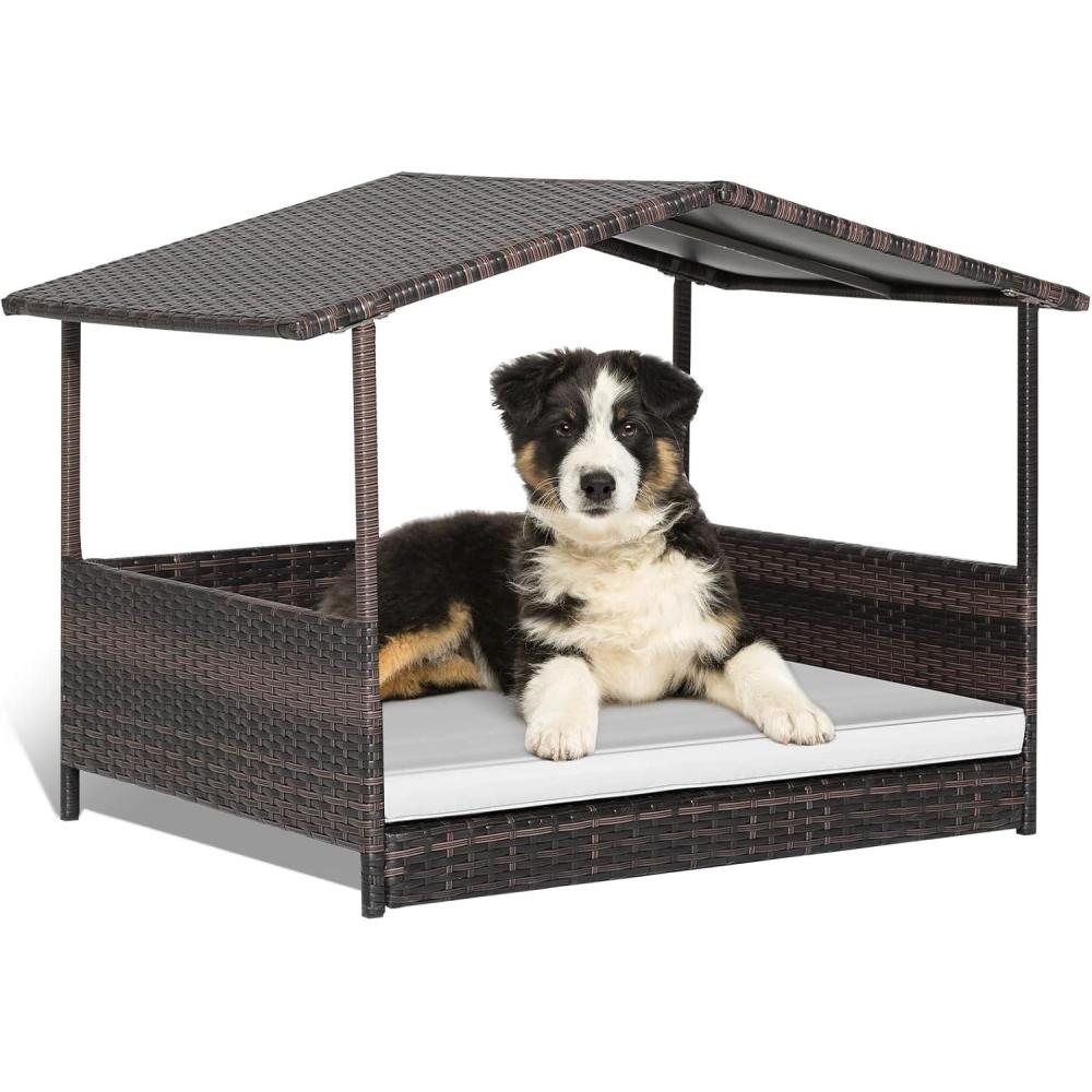 image:imageGiantex Wicker Dog House Raised Rattan Dog Bed with Waterproof Roof Washable Cushion Cover Steel Frame Indoor Outdoor Elevated Dog Bed Pet House for Small Medium Dogs Cats Easy AssemblyBrown House White Cushion