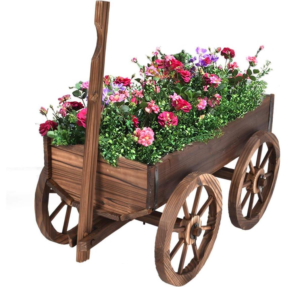 image:imageGiantex Wood Wagon Flower Planter Pot Stand WWheels Home Garden Outdoor DecorBrown