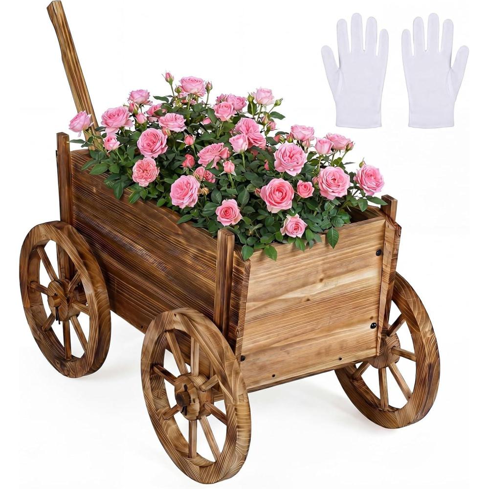 image:imageGiantex Wood Wagon Flower Planter Pot Stand WWheels Home Garden Outdoor DecorNatural
