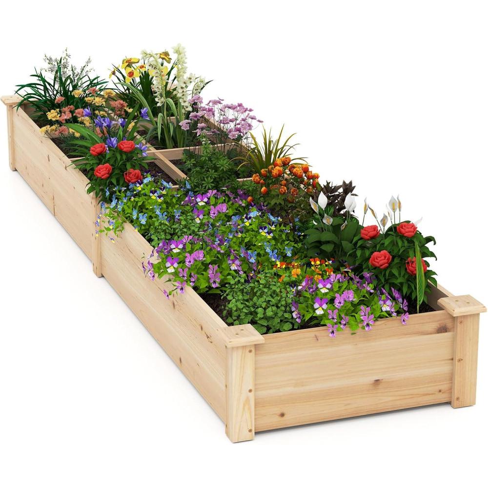 image:imageGiantex Wooden Raised Garden Bed with 2 Planter Boxes amp Dividers 90x25x10 Raised Bed for Flowers Vegetables Fruits Herbs Gardening Planting Outdoor Garden Box for Patio Backyard Lawn 190x25x10
