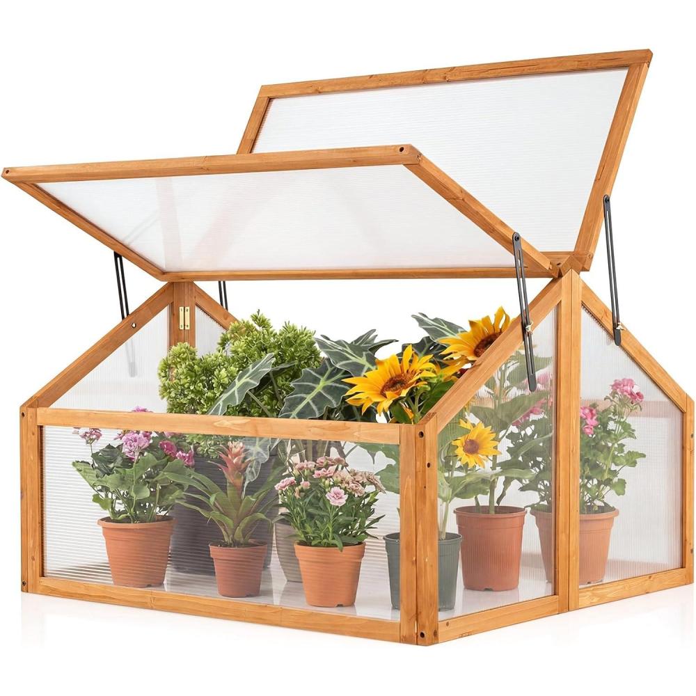 image:imageGinatex Wood Cold Frame Greenhouse Portable Raised Flower Planter Protection with Transparent Openable Roof Small Indoor Outdoor Hot House for Garden Sunroom Balcony 36x33x2336x33x23