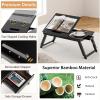 Giantex Bamboo Laptop Desk for Bed, Adjustable Serving Tray Breakfast Table with Tilting Desktop, Folding Lap Tray with Removable Stopper, Cooling Holes & Small Side Drawer (Black)(Black)