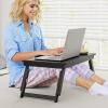 Giantex Bamboo Laptop Desk for Bed, Adjustable Serving Tray Breakfast Table with Tilting Desktop, Folding Lap Tray with Removable Stopper, Cooling Holes & Small Side Drawer (Black)(Black)