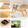 Giantex Bamboo Laptop Desk for Bed, Adjustable Serving Tray Breakfast Table with Tilting Desktop, Folding Lap Tray with Removable Stopper, Cooling Holes & Small Side Drawer (Black)(Natural)