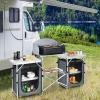 Giantex Camping Kitchen Station, Folding Grill Table with 26” Tabletop, 2 Side Tables, Storage Organizer, Detachable Windscreen, Portable Camp Cook Outdoor Prep Station Backyard BBQ Picnic (Black)(Grey)