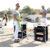 Giantex Camping Kitchen Station, Folding Grill Table with 26” Tabletop, 2 Side Tables, Storage Organizer, Detachable Windscreen, Portable Camp Cook Outdoor Prep Station Backyard BBQ Picnic (Black)(Black)