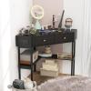 Giantex Corner Desk with Charging Station, 90 Degree Triangle Computer Desk with 2 Drawers & Storage Shelf, L-Shaped Writing Desk Makeup Vanity Table, Compact Corner Desk for Small Spaces (Black)(Black)