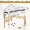 Giantex Corner Desk with Charging Station, 90 Degree Triangle Computer Desk with 2 Drawers & Storage Shelf, L-Shaped Writing Desk Makeup Vanity Table, Compact Corner Desk for Small Spaces (Black)(Gold)