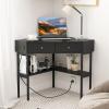 Giantex Corner Desk with Charging Station, 90 Degree Triangle Computer Desk with 2 Drawers & Storage Shelf, L-Shaped Writing Desk Makeup Vanity Table, Compact Corner Desk for Small Spaces (Black)(Black)