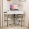 Giantex Corner Desk with Charging Station, 90 Degree Triangle Computer Desk with 2 Drawers & Storage Shelf, L-Shaped Writing Desk Makeup Vanity Table, Compact Corner Desk for Small Spaces (Black)(White)