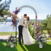 Giantex Garden Arbor with Gate, 7.5FT Metal Arch Trellis for Climbing Plants Rose Ivy, Archway Pergola with Flower Door, 4 Stakes, Garden Arch for Wedding Ceremony Bridal Party Decoration(Planters)