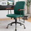 Giantex Home Office Desk Chair Green, Vintage Adjustable Swivel Rolling Chair with Copper Wheels & Armrest, Mid Century Leisure Chair, Velvet Upholstered Computer Chair for Work, Study(Green)