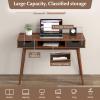 Giantex Mid Century Modern Desk with Drawers, Simple Study Desk with Open Storage Cubby & Solid Wood Legs, Vanity Table Workstation, Home Office Writing Computer or Laptop Desk for Bedroom, Walnut