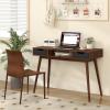 Giantex Mid Century Modern Desk with Drawers, Simple Study Desk with Open Storage Cubby & Solid Wood Legs, Vanity Table Workstation, Home Office Writing Computer or Laptop Desk for Bedroom, Walnut