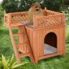 Giantex Pet Dog House, Wooden Dog Room Shelter with Stairs, Raised Roof and Balcony Bed for Indoor and Outdoor Use, Wood Dog House