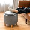 Giantex Round Storage Ottoman with Tray Lid, Accent Storage Footstool w/Soft Padding, Fabric Sitting Stool w/Solid Wood Legs & Non-Slip Pads, Tray Top Coffee Table for Living Room, Bedroom (Beige)(Grey)