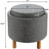 Giantex Round Storage Ottoman with Tray Lid, Accent Storage Footstool w/Soft Padding, Fabric Sitting Stool w/Solid Wood Legs & Non-Slip Pads, Tray Top Coffee Table for Living Room, Bedroom (Beige)(Grey)