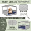 Giantex Wicker Dog House, Raised Rattan Dog Bed with Waterproof Roof, Washable Cushion Cover, Steel Frame, Indoor Outdoor Elevated Dog Bed Pet House for Small Medium Dogs Cats, Easy Assembly(Light Grey House & Navy Cushion)