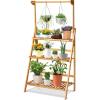 Giantex 3-Tier Hanging Plant Stand Storage Shelf, Folding Flower Pot Organizer Display Storage Rack, Adjustable Hanger Rod, Bamboo Planters Shelves Potted Holder for Patio Garden Balcony Bathroom