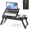 Giantex Bamboo Laptop Desk for Bed, Adjustable Serving Tray Breakfast Table with Tilting Desktop, Folding Lap Tray with Removable Stopper, Cooling Holes & Small Side Drawer (Black)(Black)