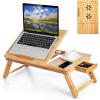 Giantex Bamboo Laptop Desk for Bed, Adjustable Serving Tray Breakfast Table with Tilting Desktop, Folding Lap Tray with Removable Stopper, Cooling Holes & Small Side Drawer (Black)(Natural)