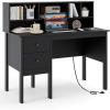 Giantex Black Desk with Drawers & Hutch, Home Office Desk with Charging Station, 5 Storage Cubbies, Makeup Vanity Table, Modern Study Writing Desk, PC Laptop Desks, Computer Workstation for Bedroom(Black)