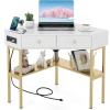 Giantex Corner Desk with Charging Station, 90 Degree Triangle Computer Desk with 2 Drawers & Storage Shelf, L-Shaped Writing Desk Makeup Vanity Table, Compact Corner Desk for Small Spaces (Black)(Gold)