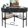 Giantex Corner Desk with Charging Station, 90 Degree Triangle Computer Desk with 2 Drawers & Storage Shelf, L-Shaped Writing Desk Makeup Vanity Table, Compact Corner Desk for Small Spaces (Black)(Black)