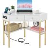 Giantex Corner Desk with Charging Station, 90 Degree Triangle Computer Desk with 2 Drawers & Storage Shelf, L-Shaped Writing Desk Makeup Vanity Table, Compact Corner Desk for Small Spaces (Black)(White)
