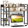 Giantex Desktop Bookshelf, 37″ Desk Shelf for Up to 32″ Computer Monitors, 4 Tier Desktop Display Shelves with Grid Panel, 6 Movable Hooks, Anti-tip Device, Desk Hutch for Home Office Dorm (Black)(Rustic Brown)