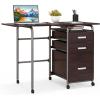 Giantex Folding Desk for Small Space, Rolling Home Office Desk with 3 Drawers & Lockable Universal Wheels, Mobile Study Writing Desk for Dorm Apartment Bedroom, Brown(Brown)