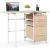 Giantex Folding Desk for Small Space, Rolling Home Office Desk with 3 Drawers & Lockable Universal Wheels, Mobile Study Writing Desk for Dorm Apartment Bedroom, Brown(Natural)