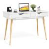 Giantex Mid Century Desk with 2 Drawers, 43.5″ Writing Study Desk with Solid Rubber Wood Legs, Home Office Computer Workstation PC Laptop Desk, Modern Makeup Vanity Table for Bedroom (Walnut)(White & Natural)