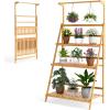 Giantex Plant Stand Indoor Outdoor – Bamboo 3-Tier Hanging Tall Ladder Flower Pot Display Organizer Rack w/Height Adjustable Rod, Folding Plant Shelf Holder for Living Room Corner Patio Garden Balcony
