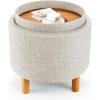 Giantex Round Storage Ottoman with Tray Lid, Accent Storage Footstool w/Soft Padding, Fabric Sitting Stool w/Solid Wood Legs & Non-Slip Pads, Tray Top Coffee Table for Living Room, Bedroom (Beige)(Beige)