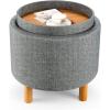 Giantex Round Storage Ottoman with Tray Lid, Accent Storage Footstool w/Soft Padding, Fabric Sitting Stool w/Solid Wood Legs & Non-Slip Pads, Tray Top Coffee Table for Living Room, Bedroom (Beige)(Grey)