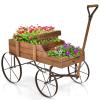 Giantex Small Wagon Planters for Outdoor Plants, Decorative Garden Bed with Metal Wheels, Wood Raised Beds Plant Pot Stand for Backyard Garden Patio 24.5″x13.5″x24″ (Green)(Natural)