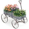Giantex Small Wagon Planters for Outdoor Plants, Decorative Garden Bed with Metal Wheels, Wood Raised Beds Plant Pot Stand for Backyard Garden Patio 24.5″x13.5″x24″ (Green)(Gray)