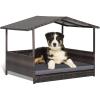 Giantex Wicker Dog House, Raised Rattan Dog Bed with Waterproof Roof, Washable Cushion Cover, Steel Frame, Indoor Outdoor Elevated Dog Bed Pet House for Small Medium Dogs Cats, Easy Assembly(Brown House & Grey Cushion)