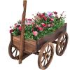 Giantex Wood Wagon Flower Planter Pot Stand W/Wheels Home Garden Outdoor Decor(Brown)